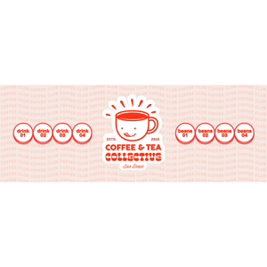 Coffee and Tea Collective coffee club sticker showcasing four whole bean coffee refills and four drinks
