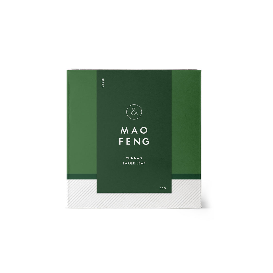 Box of Mao Feng, Green Tea from Coffee and Tea Collective with notes of kiwi, melon, floral. Yunnan Large Leaf Wu Liang mountains Yunnan Province.